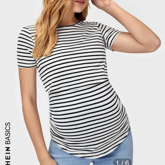 HEIN BASICS Maternity Striped Curved Hem Nursing Top M - Picture 3 of 4